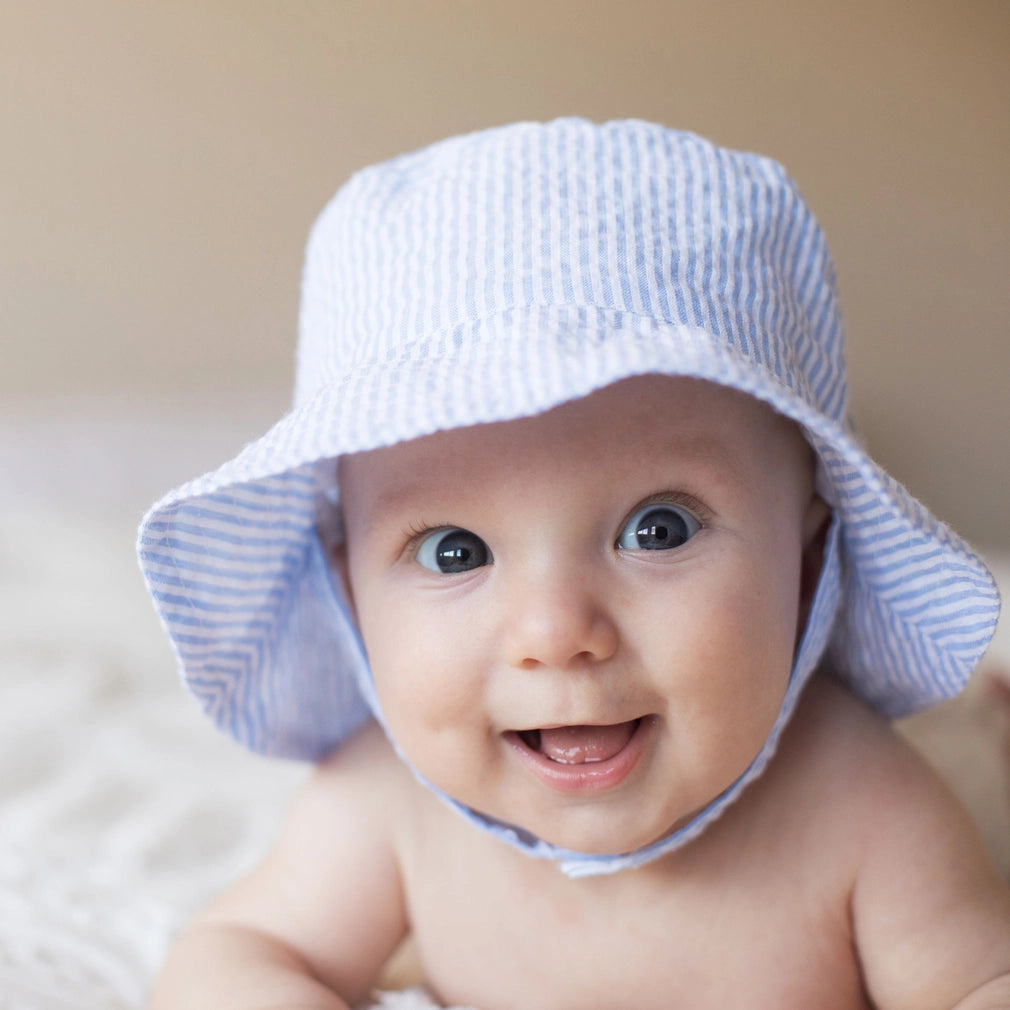 Light Blue Seersucker Stripe Bucket Hat UPF 25+