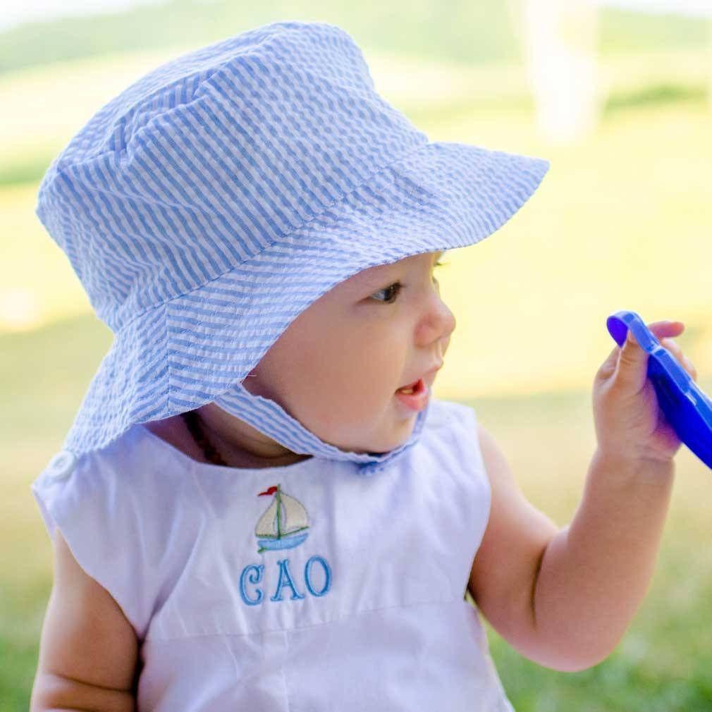 Light Blue Seersucker Stripe Bucket Hat UPF 25+